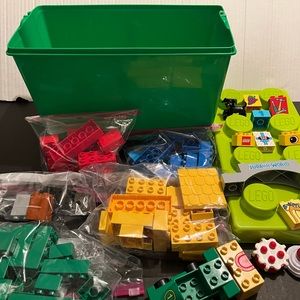 Lego Duplos 66 pieces in large 2 tone green container